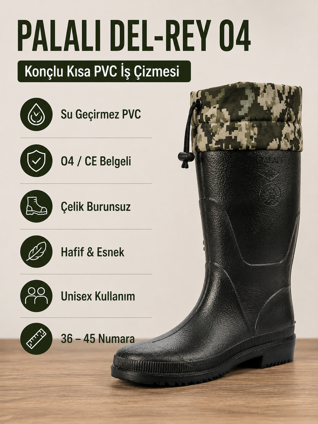 Palalı Del-Rey O4 CE Belgeli Büzgülü Konçlu Kısa PVC İş Çizmesi 30 cm